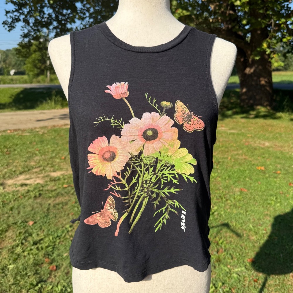 Levis Womens Floral Butterfly Graphic Muscle Tank Small Top Black